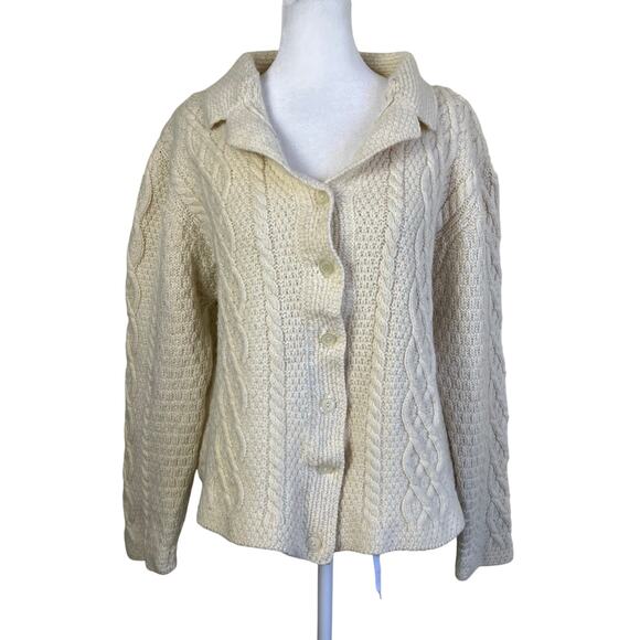 Paul James Sz L 100% Wool Chunky Cable Knit Cardigan Cream Fisherman Shrunken - Picture 2 of 16